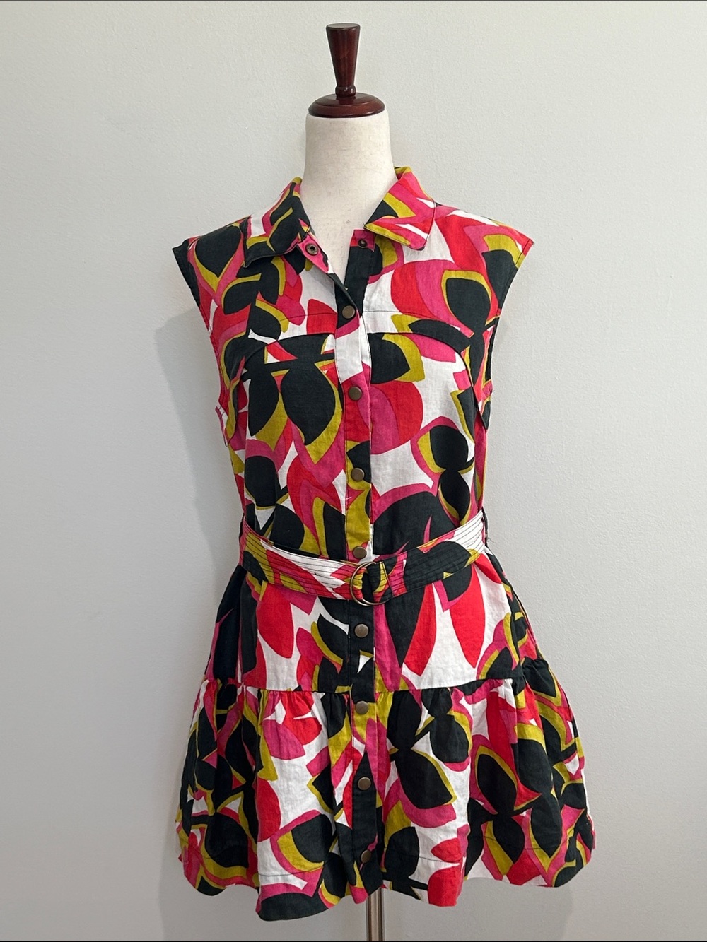 Karina Grimaldi 100% Linen Sleeveless Mini Floral Shirt Dress Size Medium
